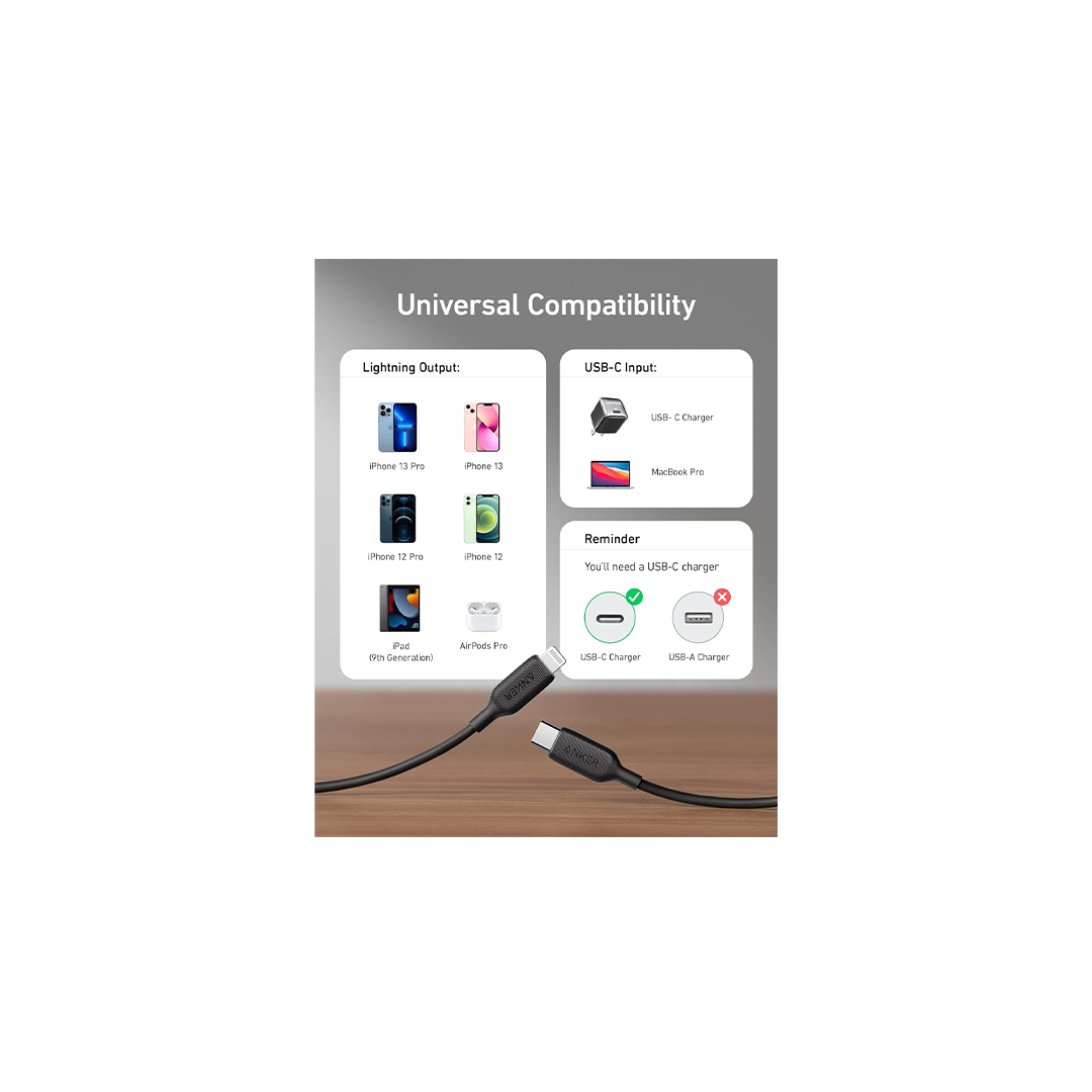 أنكر 322 كابل USB-C إلى Lightning مضفر 6 قدم - أسود أنكر 322 كابل USB-C إلى Lightning مضفر 6 قدم - أسود
